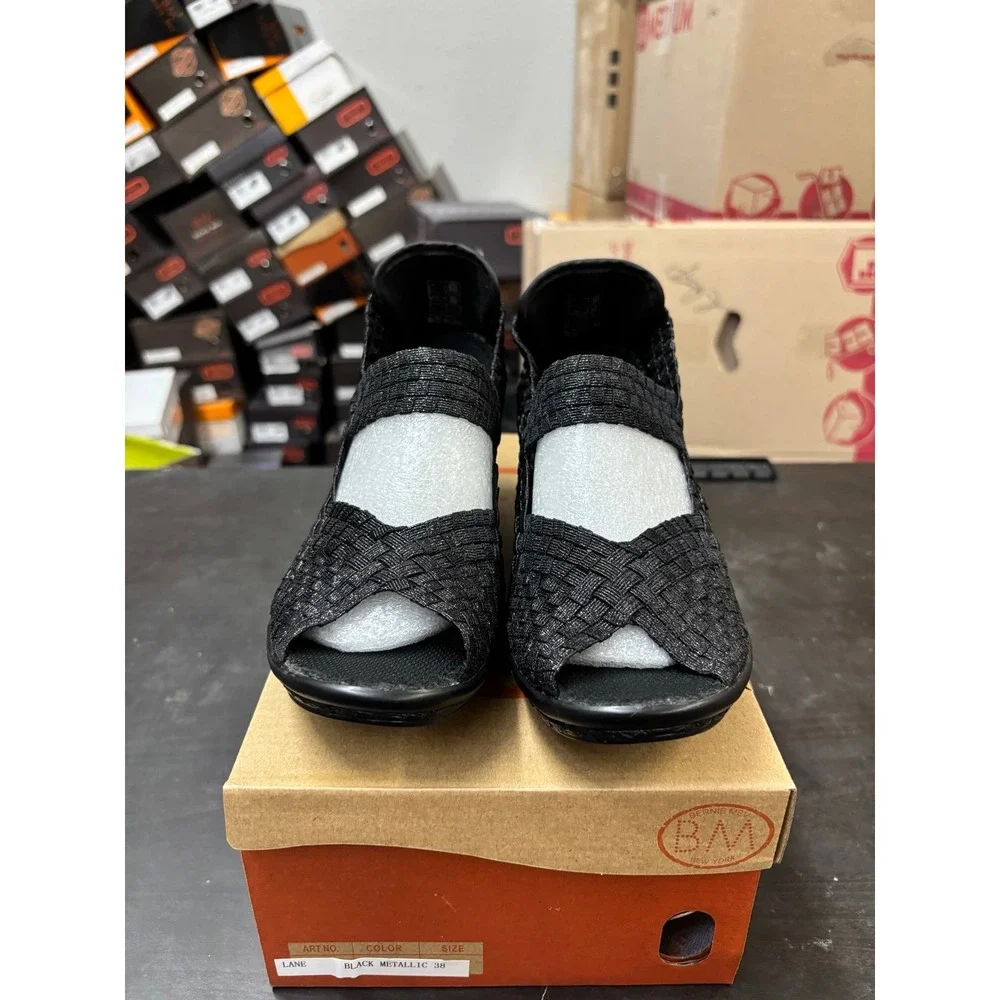 Bernie Mev Lane Black Metallic Woven Wedge Sandals Size 38 US 7.5